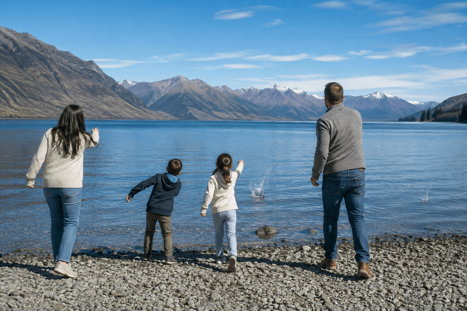 A family skimming stones on the lake shore, mountains behind them
